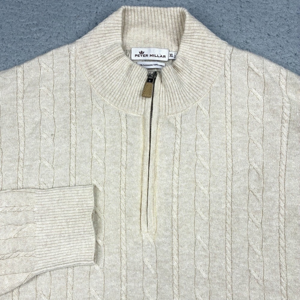 Peter Millar Linen Cashmere Cable Knit 1/4 Zip Sweater Men's XL Beige